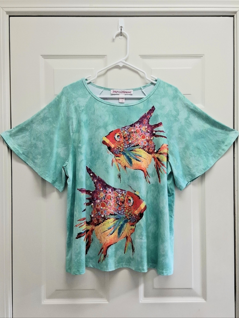 Leoma Lovegrove Tropical Fish Top Green XL Acid Wash Pearls Wearable Art Coastal